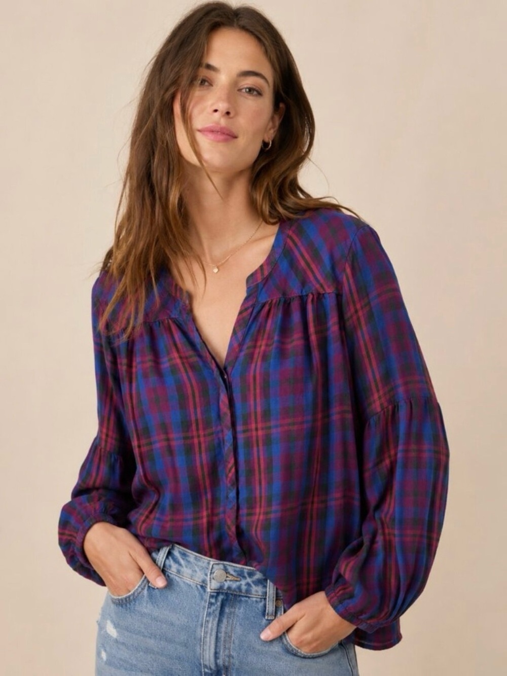 CABI Plaid Button-Front Peasant Blouse in Navy & Berry Size Medium